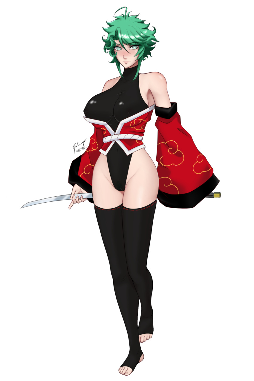 1girl absurdres bangs bare_shoulders blush breasts closed_mouth covered_navel full_body gakenezo green_eyes green_hair hair_between_eyes highres katana large_breasts long_sleeves looking_at_viewer no_shoes non-web_source original self_upload short_hair sidelocks simple_background skindentation smile solo standing sword thighhighs weapon white_background