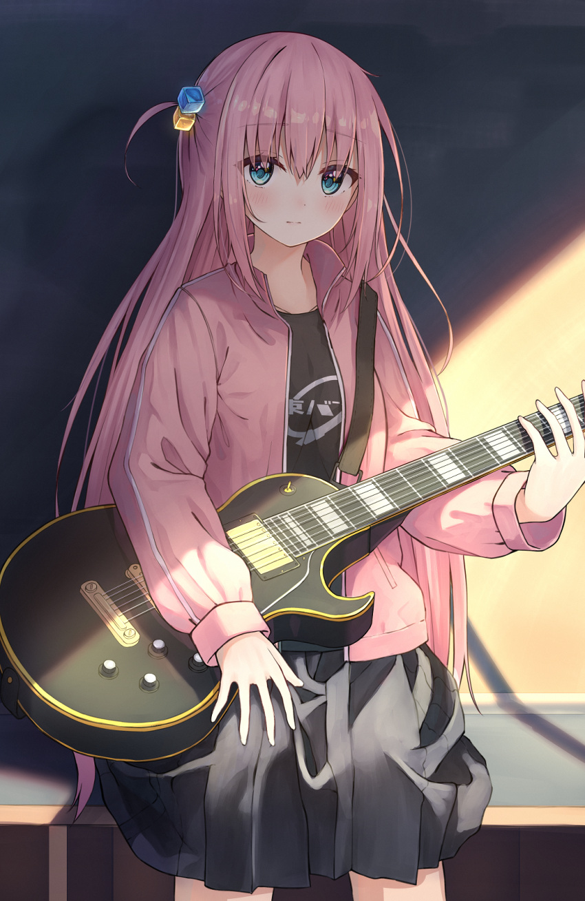 1girl bangs black_shirt black_skirt blue_eyes blush bocchi_the_rock! closed_mouth commentary_request cube_hair_ornament electric_guitar enuni gotou_hitori guitar hair_between_eyes hair_ornament highres holding holding_instrument instrument jacket long_hair long_sleeves one_side_up open_clothes open_jacket pink_hair pink_jacket pleated_skirt puffy_long_sleeves puffy_sleeves shirt skirt sleeves_past_wrists solo track_jacket very_long_hair