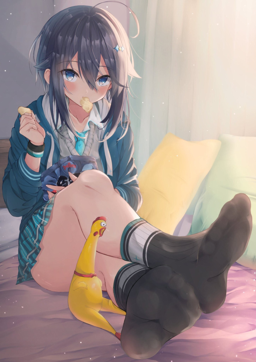 1girl ahoge bag bag_of_chips bangs black_hair black_socks blue_eyes blue_jacket blue_necktie blue_skirt chips_(food) collared_shirt crossed_legs drawstring feet food food_in_mouth foreshortening hair_between_eyes hair_ornament highres holding holding_bag hood hood_down hooded_jacket jacket long_hair looking_at_viewer mouth_hold necktie nijisanji no_shoes on_bed open_clothes open_jacket pillow plaid plaid_skirt pleated_skirt potato_chips rubber_chicken shirt sidelocks sitting skirt socks soles solo sorahoshi_kirame sweater_vest virtual_youtuber white_shirt yuzuzukushi