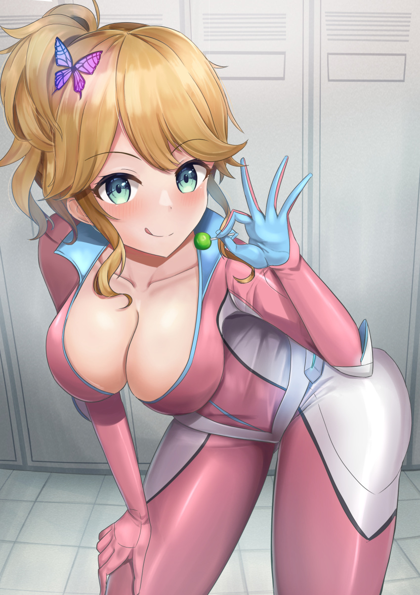 1girl absurdres blonde_hair blue_eyes blush bodysuit breasts butterfly_hair_ornament candy cleavage dolphin_wave feet_out_of_frame food hair_ornament highres holding holding_candy holding_food holding_lollipop izumi_kiri large_breasts locker locker_room lollipop long_hair looking_at_viewer open_bodysuit open_clothes pink_bodysuit side_ponytail skin_tight smile solo waity_awa