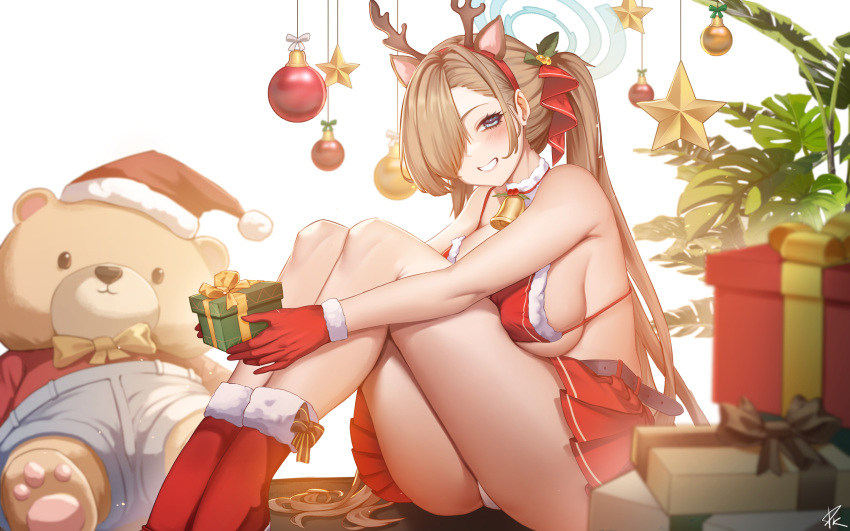 1girl alternate_costume alternate_hairstyle animal_ears antlers armpit_crease asuna_(blue_archive) bangs bare_arms bare_legs bare_shoulders bell belt bikini bikini_top_only black_belt blue_archive blue_eyes blush boots bow box breasts chinese_commentary choker christmas christmas_present commentary dreamtokitty fake_animal_ears fake_antlers from_side fur-trimmed_bikini fur-trimmed_bikini_top fur-trimmed_boots fur-trimmed_gloves fur_choker fur_trim gift gift_box gloves grin hair_over_one_eye hair_ribbon halo hat highres holding holding_box holding_gift knees_up leaf light_brown_hair long_hair looking_at_viewer miniskirt neck_bell one_eye_covered panties pantyshot plant pleated_skirt red_bikini red_footwear red_gloves red_ribbon red_skirt ribbon santa_bikini santa_costume santa_hat sideboob sidelocks signature sitting skirt smile solo star_(symbol) straight_hair stuffed_animal stuffed_toy swimsuit teddy_bear teeth twintails underwear very_long_hair white_background white_choker white_panties yellow_bow yellow_ribbon