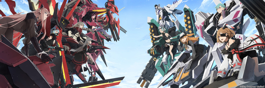 1boy 6+girls black_thighhighs blue_eyes blue_hair blue_sky bodysuit brown_bodysuit character_request clenched_teeth day eyepatch flying from_side green_hair grey_hair hat highres horns mask mecha medical_eyepatch mouth_mask multiple_girls one_eye_covered open_mouth outdoors parted_lips pink_eyes pink_hair ponytail quantum_maki red_scarf robot scarf science_fiction single_thighhigh sky somehira_katsu teeth thighhighs