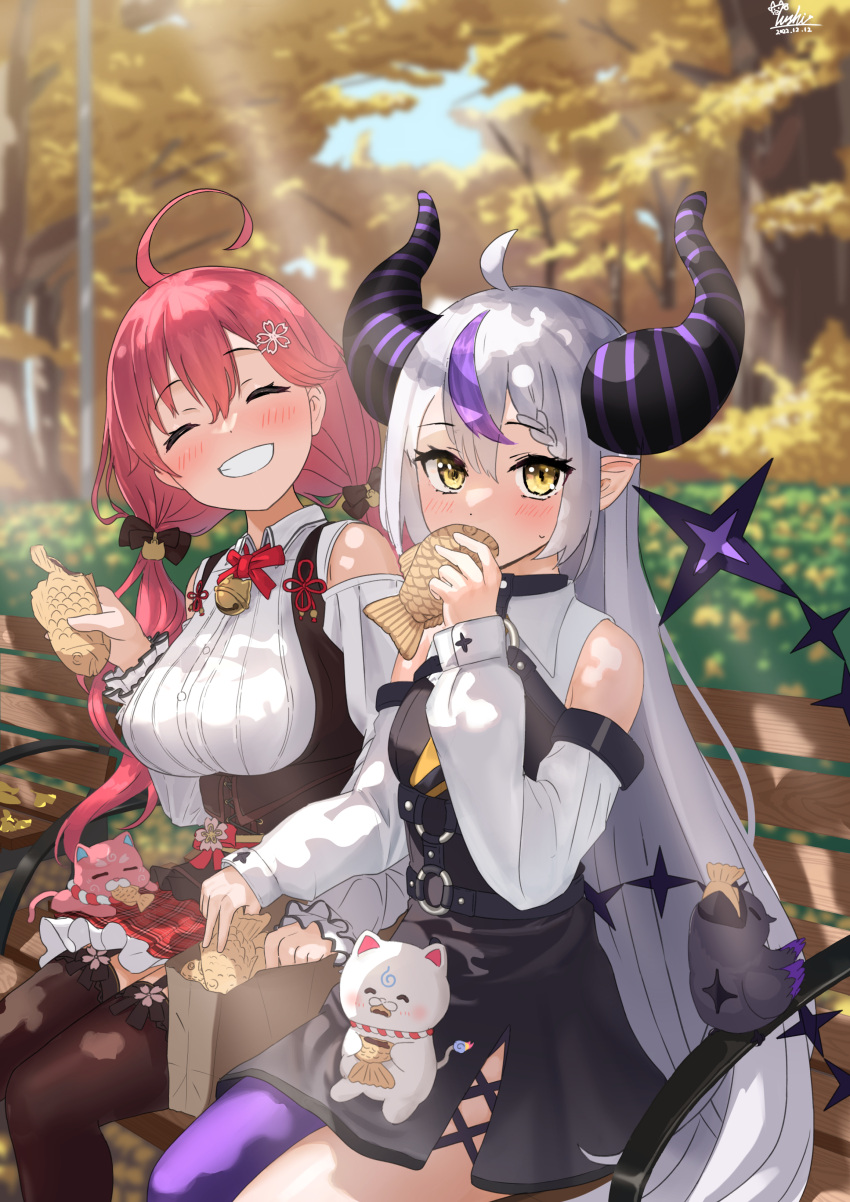 2girls 35p_(sakura_miko) absurdres ahoge ascot asymmetrical_hair autumn bell bench black_dress black_thighhighs blurry blurry_background blush braid breasts closed_eyes clothing_cutout commentary crow_(la+_darknesss) dappled_sunlight day demon_horns detached_sleeves dress eating feet_out_of_frame flower flower_knot food framed_breasts french_braid frilled_skirt frills garter_straps grey_hair grin hair_between_eyes hair_flower hair_ornament hairclip happy highres holding holding_food hololive horns kintoki_(sakura_miko) la+_darknesss long_hair looking_at_viewer medium_breasts miniskirt multicolored_hair multiple_girls nanaushi neck_bell neck_ribbon official_alternate_costume orange_ascot outdoors pantyhose pink_hair plaid plaid_skirt pointy_ears purple_hair purple_pantyhose red_ribbon red_skirt ribbon sakura_miko shirt shoulder_cutout single_braid single_leg_pantyhose sitting skirt small_breasts smile streaked_hair striped_horns sunlight sweatdrop taiyaki teeth thighhighs tree twintails two-tone_hair underbust very_long_hair virtual_youtuber wagashi white_shirt wing_collar yellow_eyes zettai_ryouiki