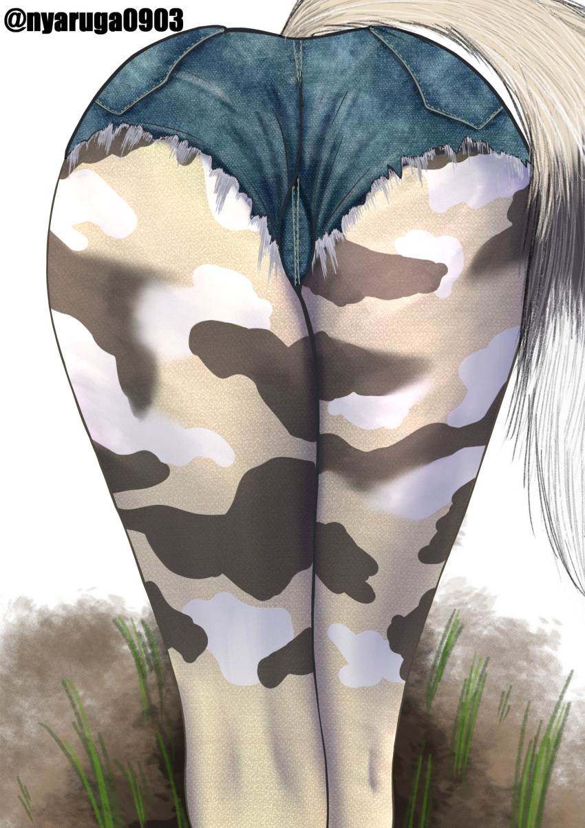 1girl african_wild_dog_(kemono_friends) african_wild_dog_print animal_print ass ass_focus bent_over denim denim_shorts dog_tail facing_away from_behind highres kemono_friends leggings leggings_under_shorts lower_body nyaruga pantyhose print_leggings shorts solo standing tail thick_thighs thighs