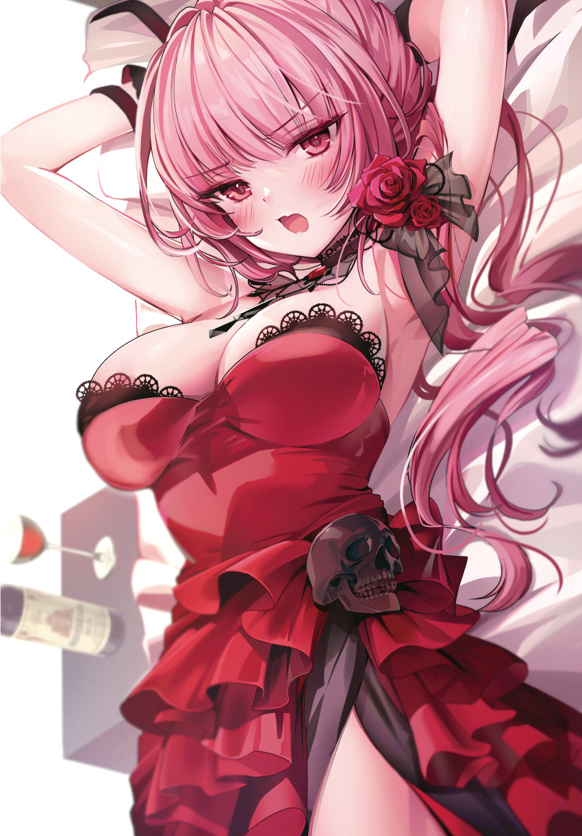 1girl absurdres armpits blush bottle breasts cleavage cup dress drinking_glass flower hair_flower hair_ornament highres hololive hololive_english large_breasts long_hair looking_at_viewer luna_nyann lying mori_calliope official_alternate_costume on_back on_bed pink_hair red_dress red_eyes skull solo virtual_youtuber wavy_mouth wine_bottle wine_glass