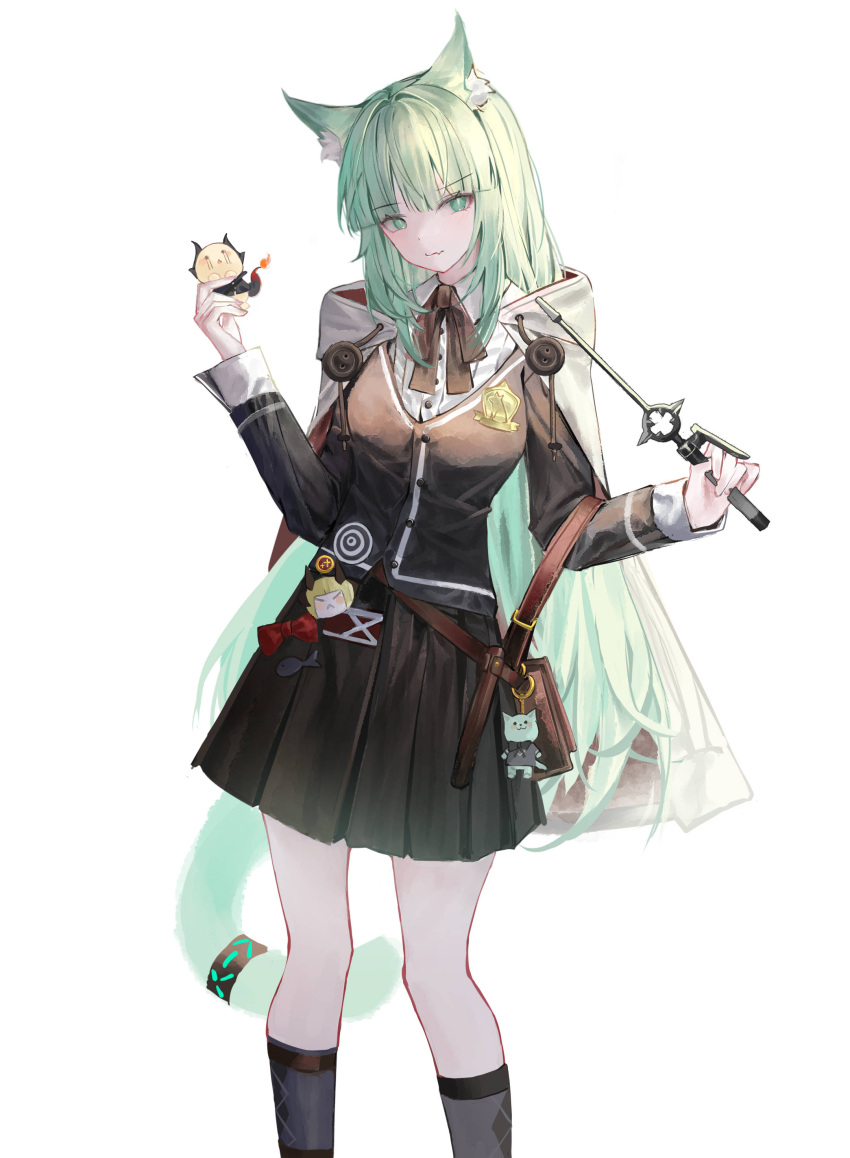 0_(znanimo) 1girl absurdres animal_ear_fluff animal_ears arknights bag_charm bangs black_jacket black_ribbon black_skirt black_socks bow breasts brown_bag buttons cape cat_ears cat_girl cat_tail charm_(object) closed_mouth collared_shirt commentary fang feet_out_of_frame green_eyes green_hair green_tail hand_up harmonie_(arknights) highres holding holding_wand jacket long_hair long_sleeves looking_at_viewer neck_ribbon pleated_skirt red_bow ribbon shirt simple_background skin_fang skirt slit_pupils small_breasts socks solo symbol-only_commentary tail tail_ornament tail_ring very_long_hair wand white_background white_cape white_shirt