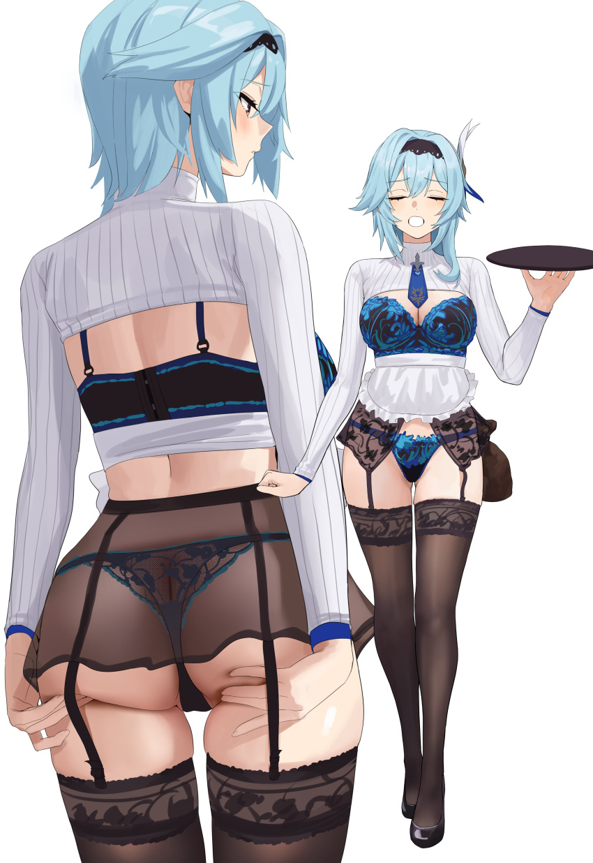 1girl absurdres ass ass_support back bangs black_hairband blue_bra blue_hair blue_panties blush bra breasts chela77 cleavage commentary english_commentary eula_(genshin_impact) full_body garter_belt genshin_impact hair_ornament hairband highres large_breasts long_sleeves medium_hair multiple_views panties purple_eyes sidelocks skirt thighhighs thighs tray underwear