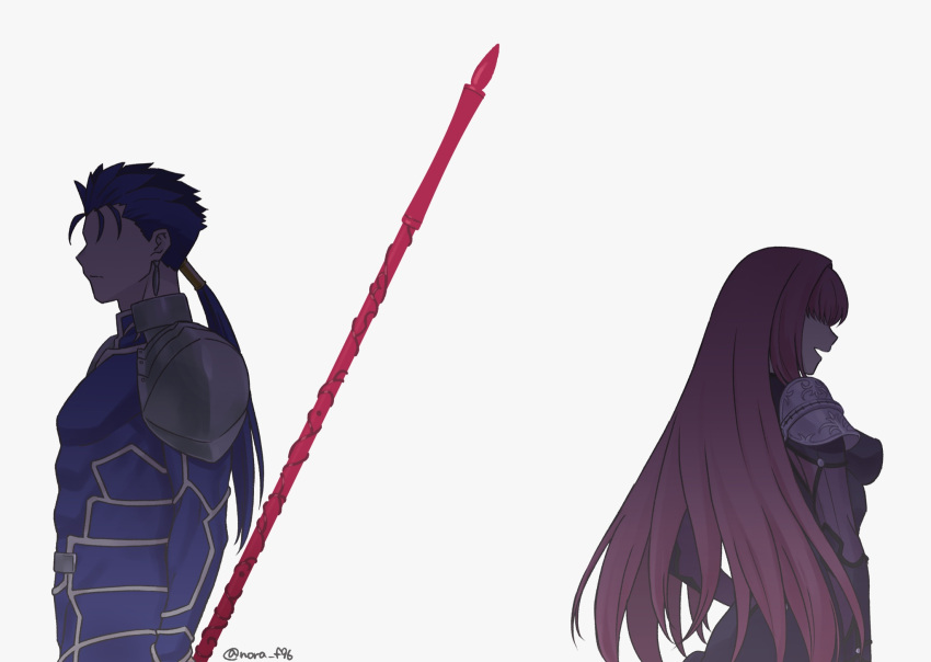 1boy 1girl bangs blue_bodysuit bodysuit cu_chulainn_(fate) cu_chulainn_(fate/stay_night) faceless faceless_female faceless_male fate/grand_order fate/stay_night fate_(series) feet_out_of_frame from_side gae_bolg_(fate) highres holding holding_polearm holding_weapon long_hair nora_(nora_f96) polearm purple_hair scathach_(fate) short_hair smile spear toned toned_male weapon