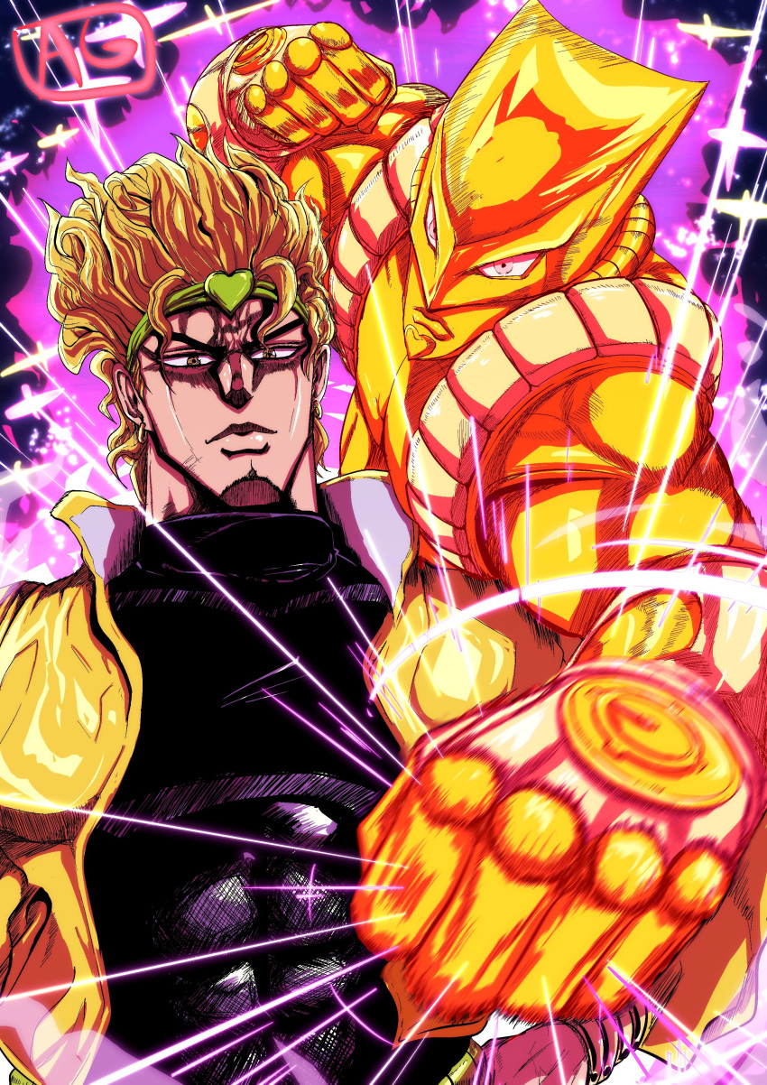 1boy absurdres aura batm_andrew blonde_hair dio_brando frown hands_on_hips headband heart highres jacket jojo_no_kimyou_na_bouken male_focus motion_blur muscular muscular_male signature stand_(jojo) stardust_crusaders the_world yellow_eyes yellow_jacket