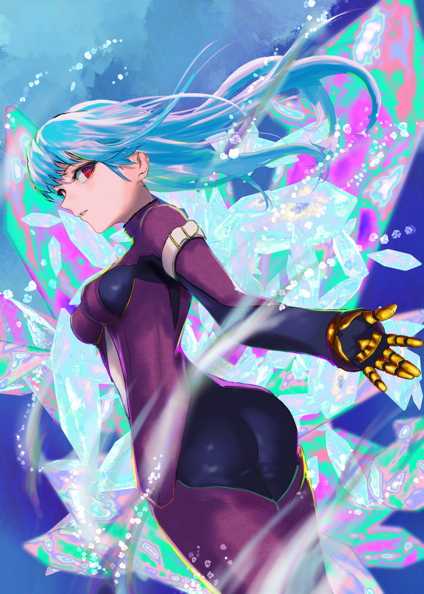 1girl absurdres ass ass_focus belt blue_hair bodysuit breasts cowboy_shot cryokinesis gloves highres ice kula_diamond long_hair looking_at_viewer medium_breasts purple_eyes solo the_king_of_fighters yuu_(primenumber7)