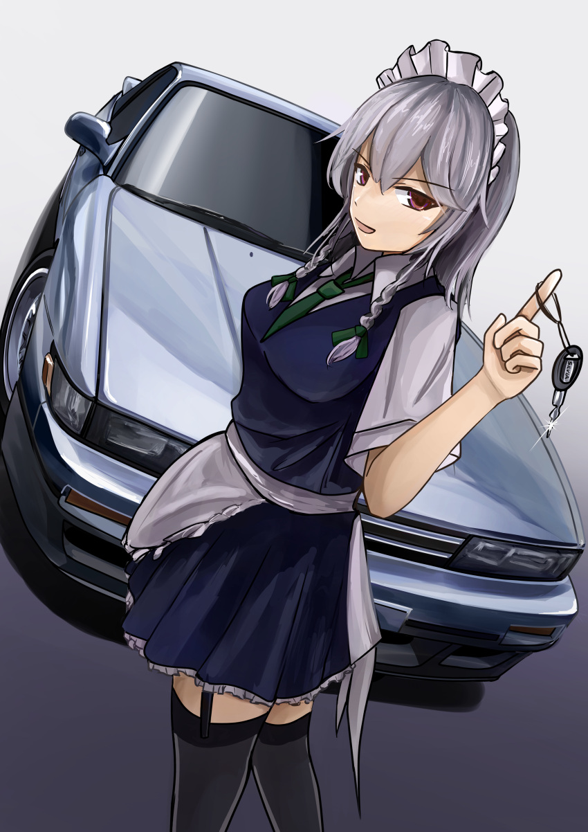 1girl 3books absurdres apron bangs black_thighhighs blue_skirt blue_vest bow braid breasts car collared_shirt commentary cowboy_shot dress_shirt frilled_skirt frills garter_straps green_bow green_necktie ground_vehicle hair_bow hand_up headlight highres holding index_finger_raised izayoi_sakuya key looking_at_viewer maid maid_apron maid_headdress motor_vehicle necktie nissan nissan_s13_silvia nissan_silvia open_mouth red_eyes shirt short_sleeves skirt smile solo sports_car standing thighhighs tire touhou twin_braids v-shaped_eyebrows vest white_hair white_shirt white_sleeves zettai_ryouiki