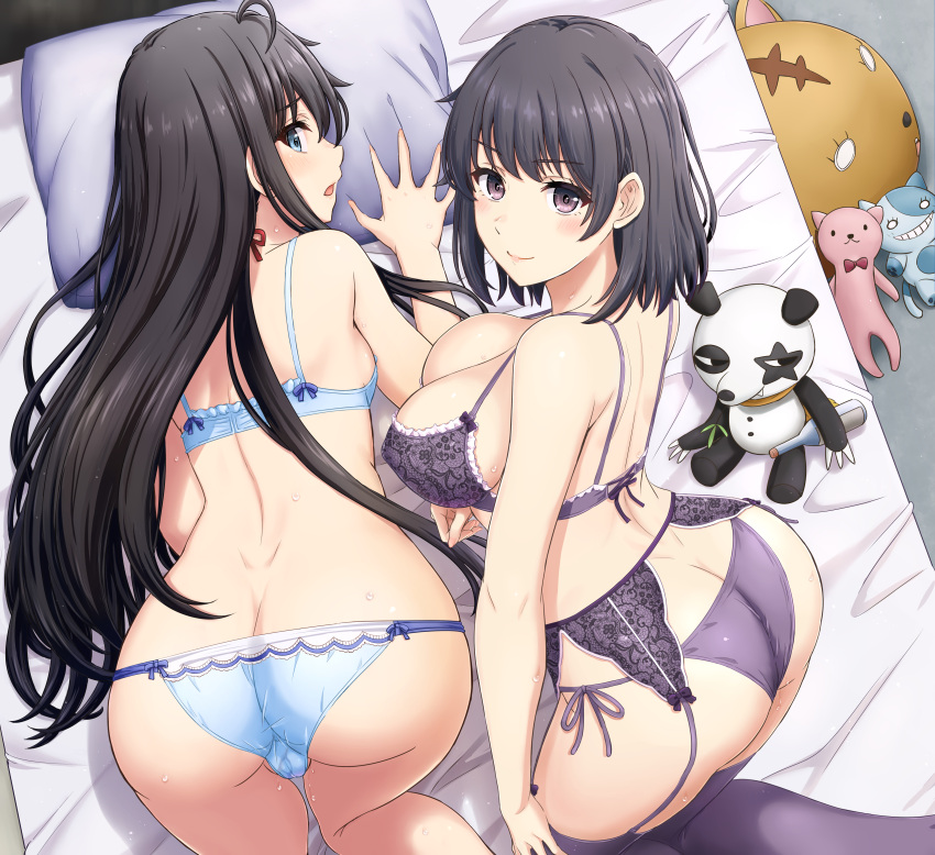 2girls absurdres ahoge all_fours ass back bed black_hair blue_bra blue_eyes blue_panties bra breasts cameltoe commentary_request from_above from_behind highres inanaki_shiki large_breasts lingerie long_hair looking_at_viewer looking_back looking_up multiple_girls on_bed panties pillow purple_bra purple_eyes purple_panties short_hair siblings sisters small_breasts stuffed_animal stuffed_panda stuffed_toy sweat underwear underwear_only yahari_ore_no_seishun_lovecome_wa_machigatteiru. yukinoshita_haruno yukinoshita_yukino