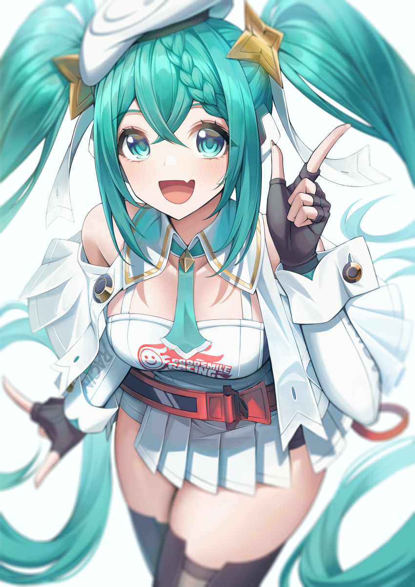 1girl absurdres aqua_eyes aqua_hair aqua_nails aqua_necktie bare_shoulders beret blurry braid braided_bangs breasts clothing_cutout commentary cowboy_shot depth_of_field finger_gun fingerless_gloves gloves goodsmile_racing hat hatsune_miku highres leaning_forward long_hair looking_at_viewer medium_breasts miniskirt necktie open_mouth pleated_skirt racing_miku racing_miku_(2023) shoulder_cutout sidelocks simple_background skirt smile solo sora_(men0105) thighhighs thighs twintails very_long_hair vocaloid white_background