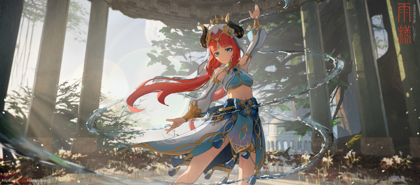 1girl absurdres ame999 arm_up backlighting bangs bare_shoulders blue_eyes blue_skirt breasts dated detached_sleeves feet_out_of_frame genshin_impact harem_outfit highres long_hair looking_down medium_breasts midriff nilou_(genshin_impact) pillar red_hair scenery seal_script signature skirt smile solo standing twintails water white_veil