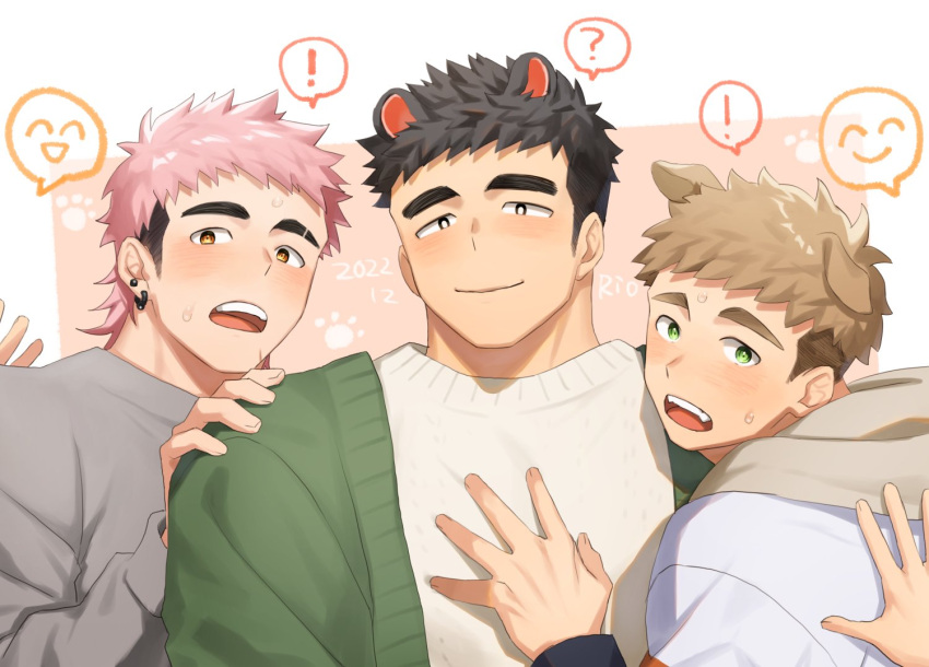 3boys ? animal_ears bara bear_ears borrowed_character bright_pupils character_request crowd dog_ears green_sweater hand_on_another's_chest male_focus multiple_boys muscular muscular_male oc_(gackbuck) open_mouth original pectorals pink_hair rio_mukiniki short_hair smile spoken_question_mark surprised sweatdrop sweater thick_eyebrows upper_body