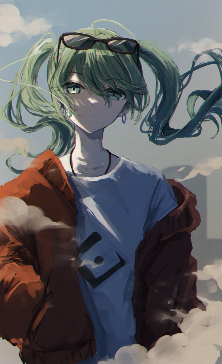 1girl absurdres ahoge alternate_hair_color bangs blue_sky closed_mouth collarbone commentary day eyewear_on_head green_eyes green_hair hand_in_pocket hatsune_miku highres jacket long_hair looking_at_viewer off_shoulder open_clothes open_jacket orange_jacket outdoors saikisaika shirt sky solo suna_no_wakusei_(vocaloid) twintails upper_body vocaloid white_shirt