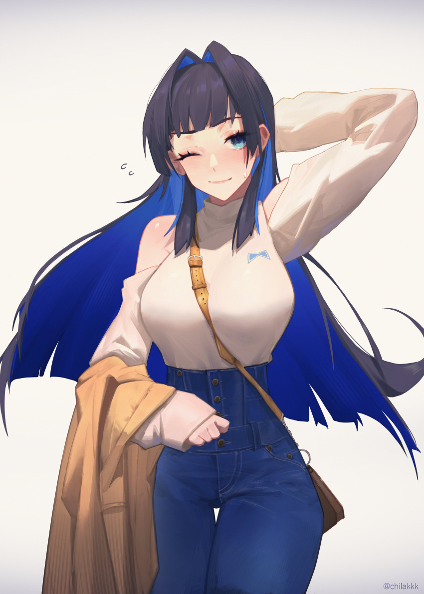 1girl absurdres arm_behind_head bag between_breasts blue_eyes blue_hair blush breasts chilakkk closed_mouth clothing_cutout coat coat_removed colored_inner_hair cowboy_shot denim hair_intakes handbag high-waist_pants highres hololive hololive_english jeans large_breasts long_hair long_sleeves multicolored_hair official_alternate_costume one_eye_closed ouro_kronii pants shirt_tucked_in shoulder_cutout simple_background smile solo strap_between_breasts sweater thigh_gap turtleneck two-tone_hair virtual_youtuber white_background