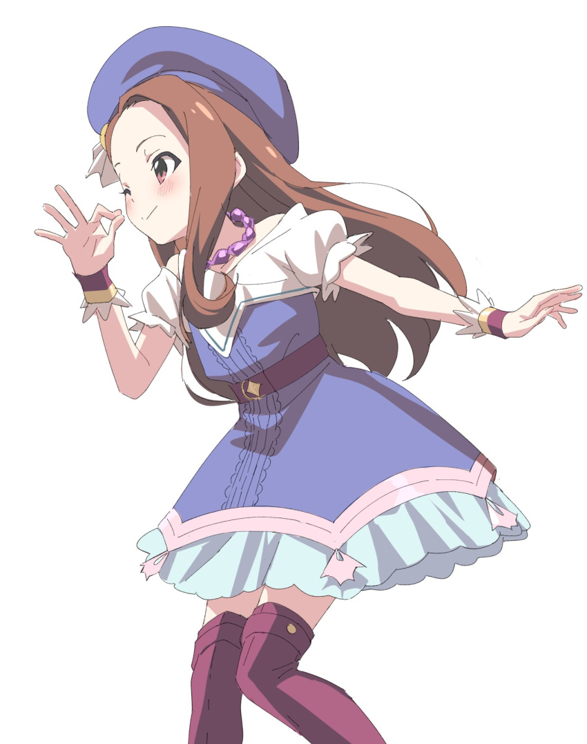 1girl belt blue_dress blue_headwear blue_skirt blush brown_eyes brown_hair closed_mouth dress hat highres idolmaster idolmaster_(classic) jewelry leaning_forward long_hair minase_iori necklace ok_sign one_eye_closed puffy_short_sleeves puffy_sleeves red_thighhighs short_sleeves simple_background sincos skirt smile solo thighhighs white_background wristband