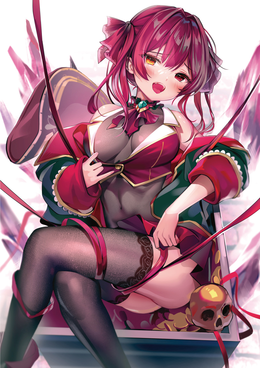 1girl :d absurdres ascot bangs black_jacket black_leotard blush breasts brown_thighhighs cleavage coin covered_navel cropped_jacket crossed_legs hair_ribbon heterochromia highres hololive houshou_marine jacket large_breasts leotard luna_nyann open_clothes open_jacket open_mouth red_ascot red_eyes red_hair red_jacket red_ribbon ribbon sitting smile solo thighhighs twintails virtual_youtuber yellow_eyes