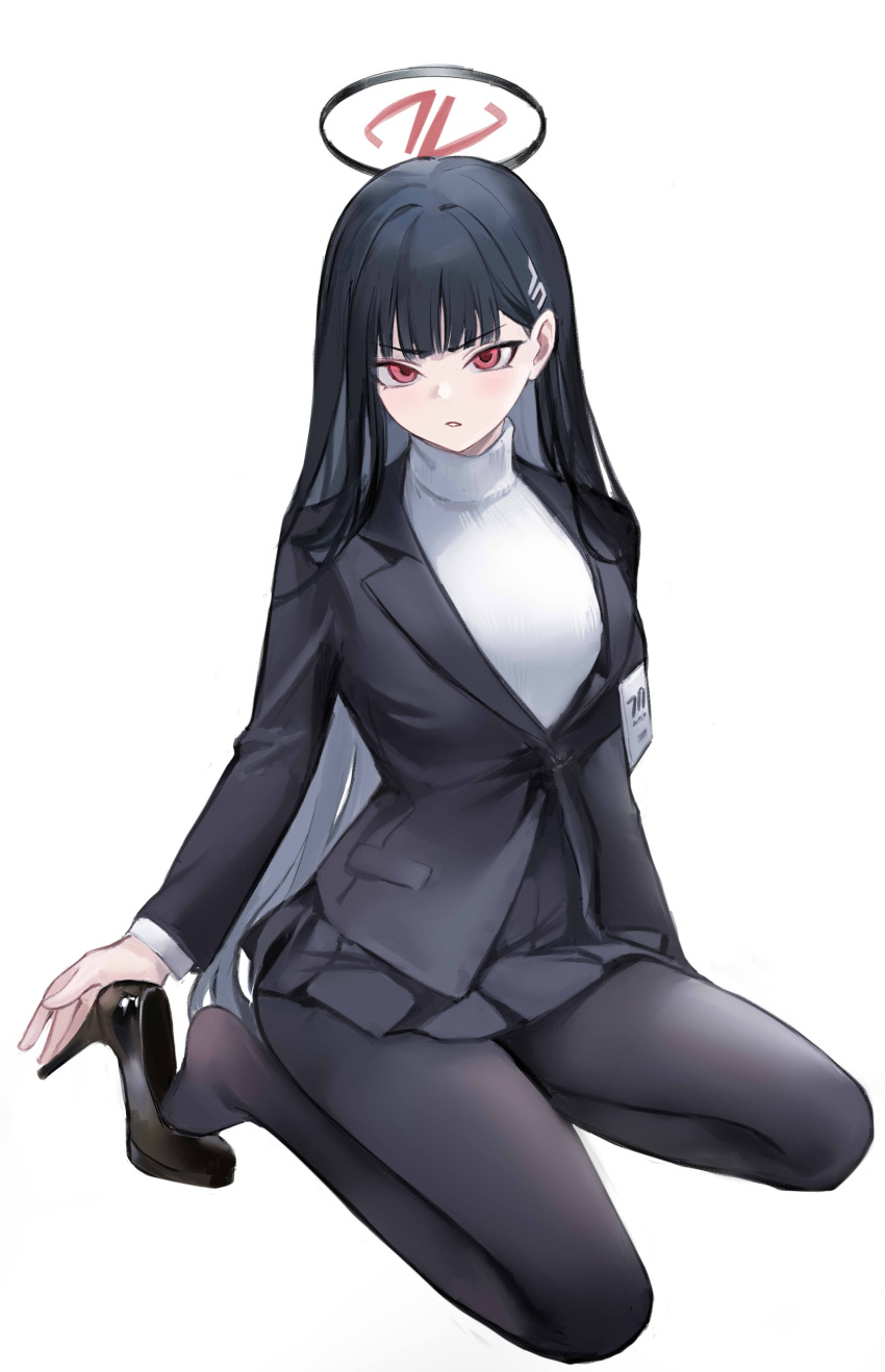 1girl absurdres adjusting_footwear black_footwear black_hair black_jacket black_pantyhose black_skirt black_suit blue_archive breasts formal full_body hair_behind_ear halo high_heels highres id_card jacket kneeling large_breasts long_hair long_sleeves looking_at_viewer miniskirt nagata_gata pantyhose parted_lips pleated_skirt pocket red_eyes rio_(blue_archive) shirt simple_background skirt solo suit thighs turtleneck white_background white_shirt