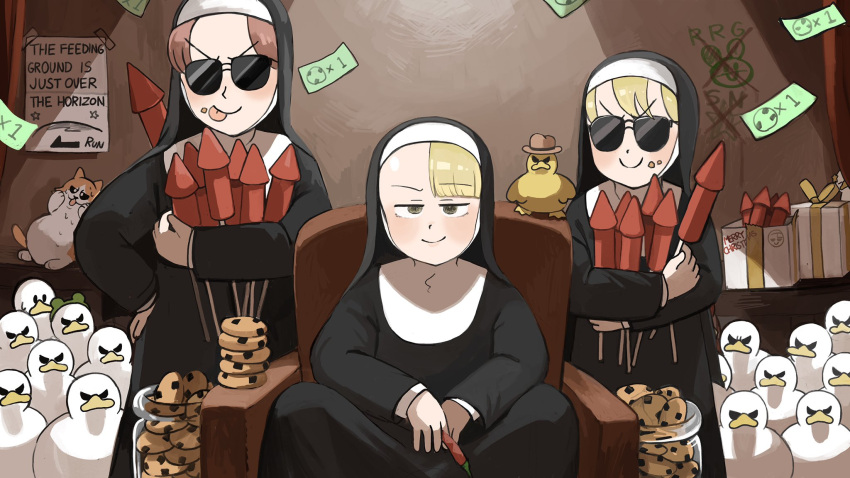 3girls bird blonde_hair brown_hair cat catholic chair chicken chili_pepper chocolate_chip_cookie christmas_present clumsy_nun_(diva) cookie crumbs diva_(hyxpk) dollar_bill duck duckling english_commentary fireworks food food_on_face frog_headband gift habit hat highres hungry_nun_(diva) jar little_nuns_(diva) mini_hat multiple_girls nun poster_(object) sitting skyrocket smile spicy_nun_(diva) standing star_ornament sunglasses tongue tongue_out yellow_eyes