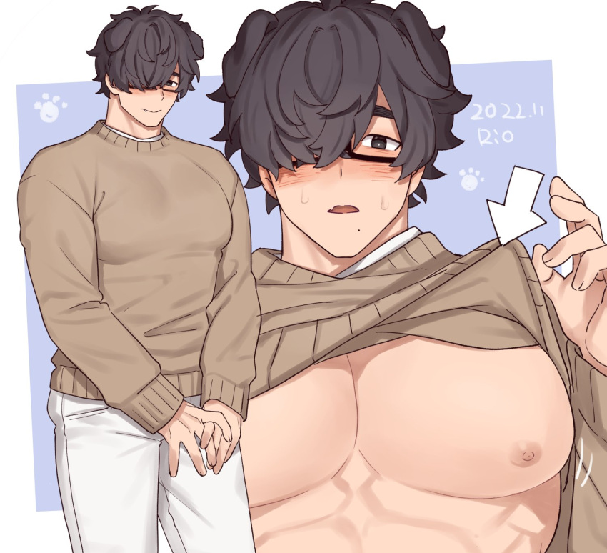 1boy animal_ears arrow_(symbol) bara bouncing_pecs brown_sweater clothes_lift dog_ears ears_down glasses hair_over_one_eye highres large_pectorals lifted_by_self looking_at_viewer male_focus motion_lines muscular muscular_male original own_hands_together pectoral_focus pectorals rio_mukiniki shirt_lift short_hair shy solo sweatdrop sweater thick_eyebrows