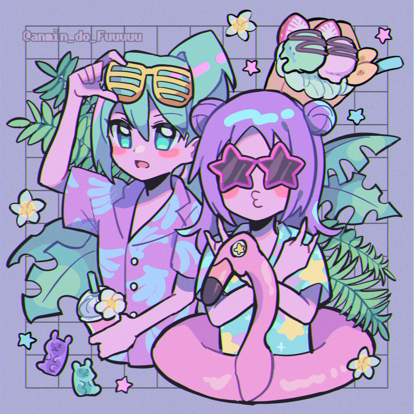 2girls absurdres alina_gray alternate_costume arm_up bangs blush collared_shirt commentary double_bun eyewear_on_head flower food green_eyes green_hair hair_between_eyes hair_bun hawaiian_shirt highres holding holding_eyewear ice_cream inflatable_flamingo inflatable_toy leaf long_hair looking_at_viewer magia_record:_mahou_shoujo_madoka_magica_gaiden mahou_shoujo_madoka_magica misono_karin multicolored_hair multiple_girls open_mouth purple_hair shirt star-shaped_eyewear star_(symbol) sunglasses symbol-only_commentary takenoko_mgrc upper_body