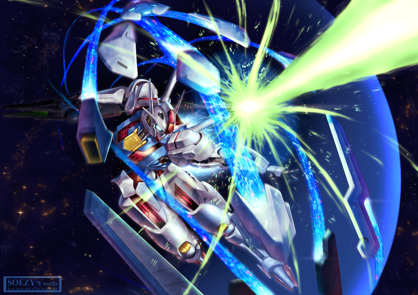 absurdres assassin_silver battle beam_rifle bit_(gundam) blocking blue_eyes commentary_request energy_barrier energy_beam energy_gun exhaust funnels_(gundam) gun gundam gundam_aerial gundam_suisei_no_majo highres holding holding_gun holding_weapon mecha mobile_suit no_humans robot solo space star_(sky) v-fin weapon