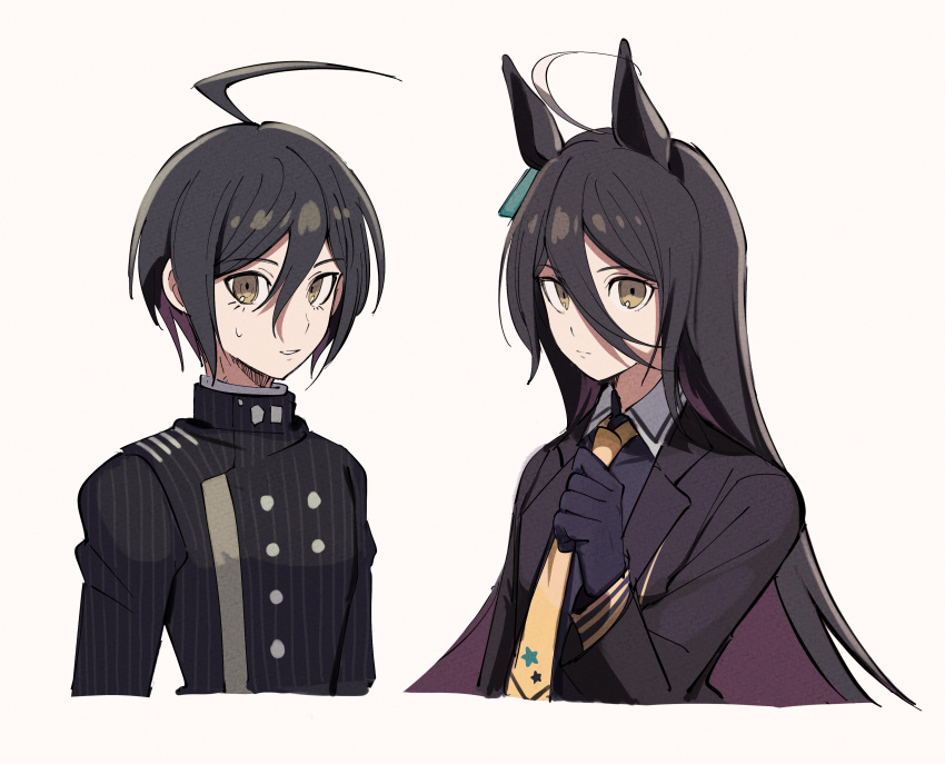 1boy 1girl absurdres ahoge animal_ears bangs black_gloves black_hair black_jacket black_shirt bojue_(hakus_1128) brown_eyes brown_necktie buttons closed_mouth collared_shirt cropped_torso danganronpa_(series) danganronpa_v3:_killing_harmony double-breasted gloves hair_between_eyes hand_up highres horse_ears jacket long_hair long_sleeves manhattan_cafe_(umamusume) necktie open_clothes open_jacket pleated_skirt saihara_shuuichi shiny shiny_hair shirt short_hair skirt striped striped_jacket sweatdrop umamusume upper_body