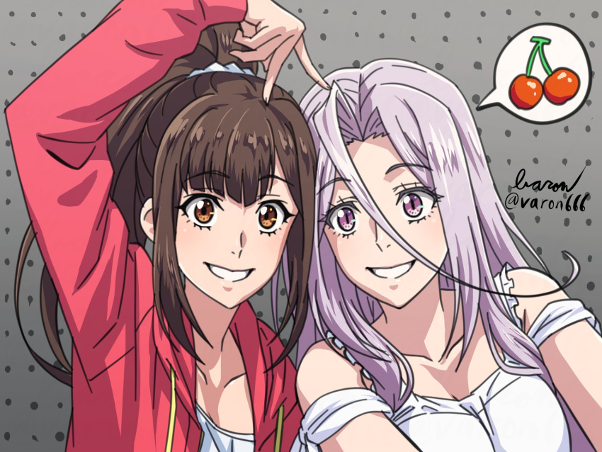 2girls artist_name baron_(varon666) brown_eyes brown_hair collarbone dotted_background frilled_straps frills fuuto_tantei grey_background hair_between_eyes high_ponytail highres jacket kamen_rider kamen_rider_w looking_at_viewer multiple_girls narumi_akiko parted_lips ponytail purple_eyes purple_hair red_jacket shirt smile speech_bubble tokime_(fuuto_tantei) twitter_username upper_body v v_over_head white_shirt