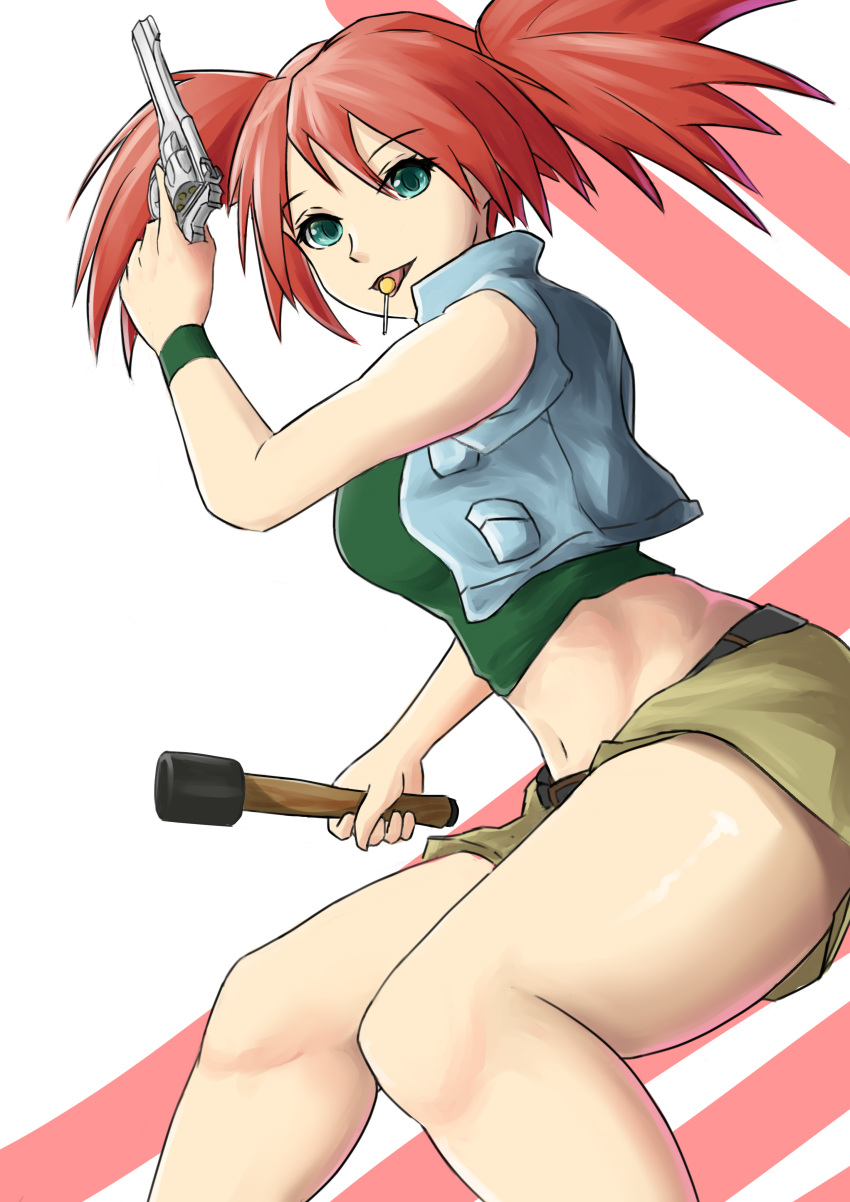 1girl absurdres blue_vest breasts candy explosive food green_eyes green_shirt grenade gun highres holding holding_gun holding_weapon large_breasts lollipop looking_at_viewer metal_slug nadia_cassel navel open_mouth red_hair revolver shirt shorts solo tofu_(killer150) tongue tongue_out two_side_up vest weapon webley_revolver white_background