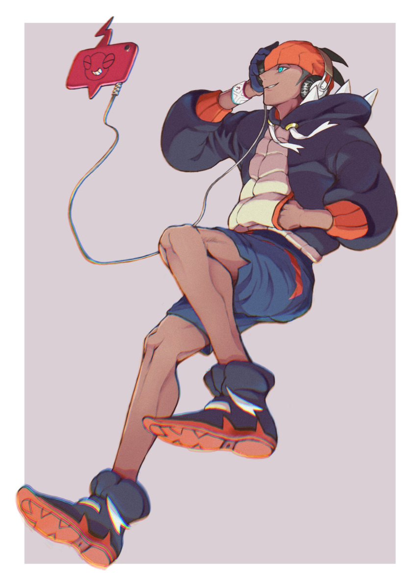 1boy black_footwear black_hoodie border cable chromatic_aberration commentary_request dark-skinned_male dark_skin dynamax_band full_body gloves green_eyes grey_background hand_in_pocket hand_up headband headphones highres hood hoodie kei_kome male_focus orange_headband parted_lips pokemon pokemon_(game) pokemon_swsh raihan_(pokemon) rotom rotom_phone shoes short_hair shorts side_slit side_slit_shorts single_glove smile solo white_border