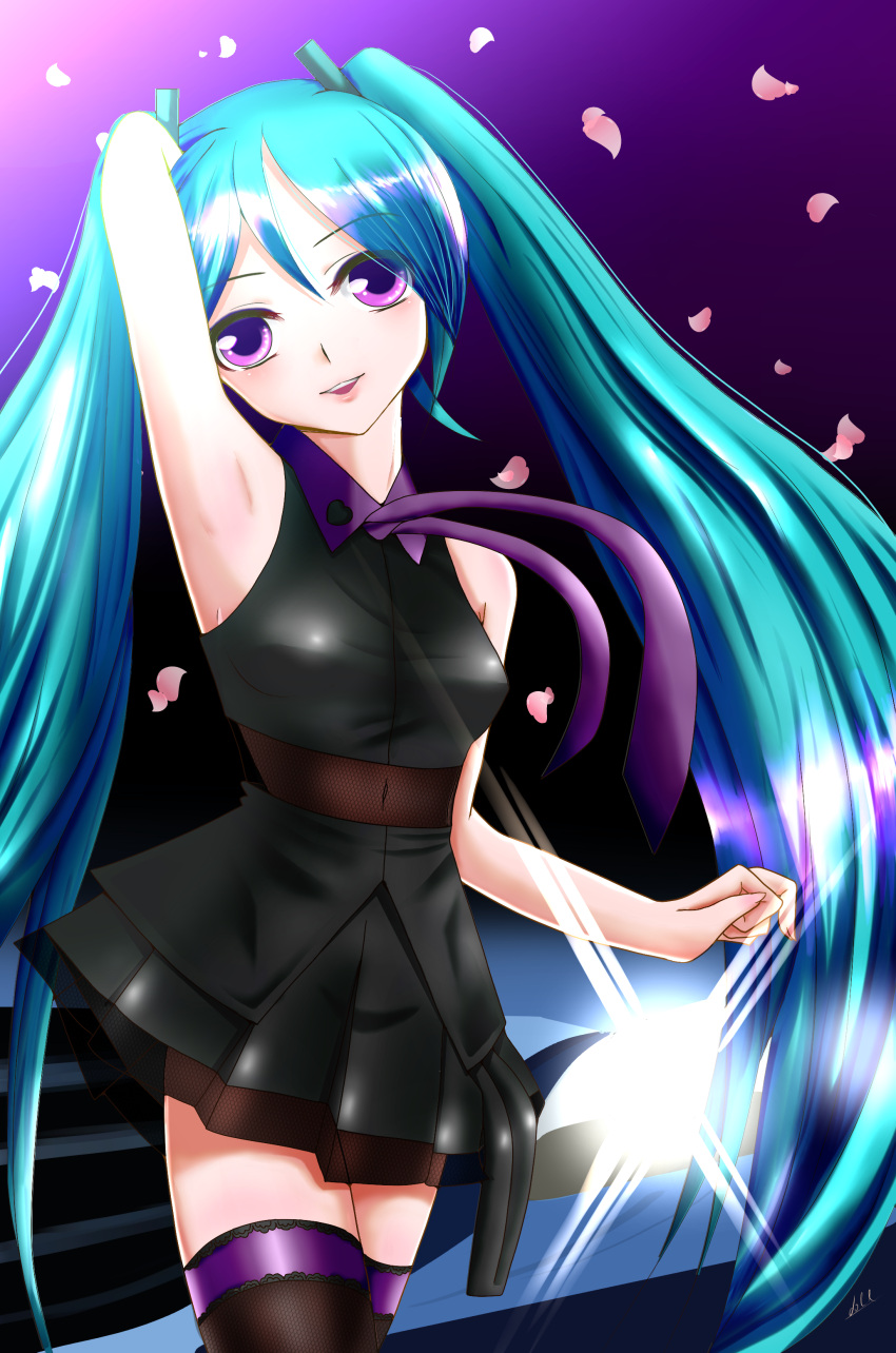 1girl absurdres aqua_hair black_shirt black_skirt dot3pso hatsune_miku highres legs long_hair looking_at_viewer necktie petals purple_eyes purple_necktie shirt skirt sleeveless sleeveless_shirt solo sweet_devil_(vocaloid) thighhighs twintails very_long_hair vocaloid zettai_ryouiki