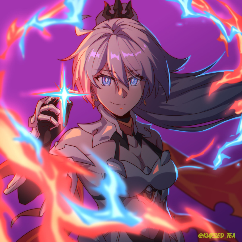 1girl armor armored_dress bangs bare_shoulders blue_eyes breasts cape cleavage closed_mouth cross cross_earrings diamond-shaped_pupils diamond_(shape) earrings elbow_gloves gauntlets gloves hair_between_eyes hair_ornament highres honkai_(series) honkai_impact_3rd jewelry kiana_kaslana kiana_kaslana_(herrscher_of_flamescion) kursed_tea long_hair looking_at_viewer medium_breasts ponytail smile solo symbol-shaped_pupils twitter_username upper_body very_long_hair white_hair