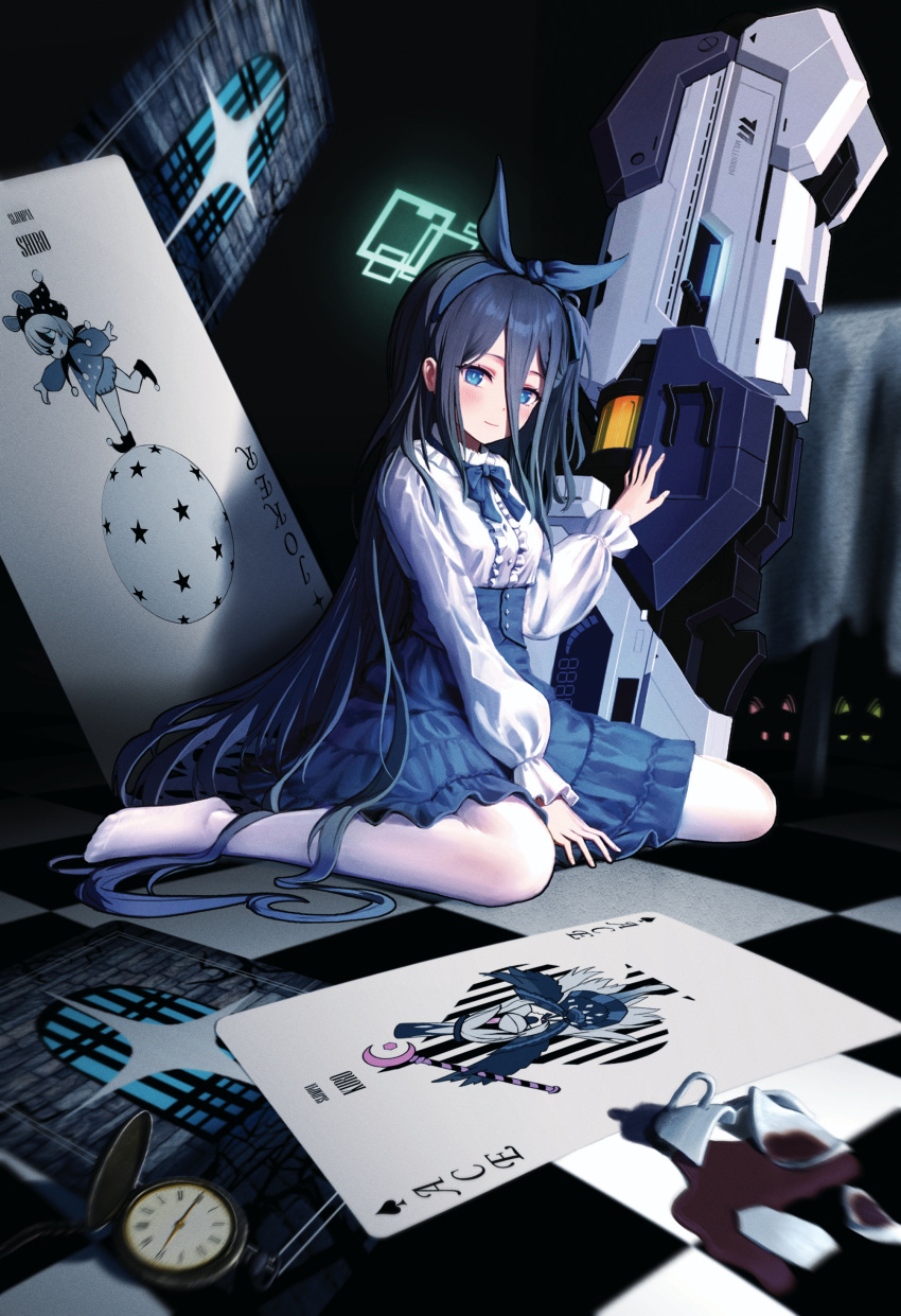 1girl absurdres ace_of_spades alice_(alice_in_wonderland) alice_(alice_in_wonderland)_(cosplay) alice_in_wonderland aris_(blue_archive) black_hair blue_archive blue_bow blue_bowtie blue_eyes blue_hairband blue_skirt blush bow bowtie broken_cup card center_frills closed_mouth commentary cosplay cup dated feet frills hair_between_eyes hair_bow hairband halo high-waist_skirt highres joker_(card) kuro_(blue_archive) legs long_hair long_sleeves looking_at_viewer midori_(blue_archive) momoi_(blue_archive) name_connection no_shoes pantyhose playing_card pocket_watch railgun revision science_fiction shiro_(blue_archive) shirt sitting skirt smile solo_focus spade_(shape) supersugar tea very_long_hair wariza watch white_shirt