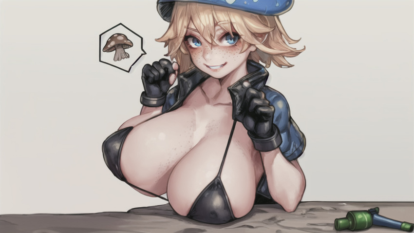 1girl ai-generated bikini bikini_under_clothes black_bikini black_gloves blonde_hair blue_eyes blue_headwear breasts character_request collared_jacket copyright_request freckles gloves grey_background grin hair_between_eyes hands_up large_breasts looking_at_viewer mushroom mushroom_hat non-web_source short_hair short_sleeves simple_background smile solo spiked_hair spoken_mushroom swimsuit