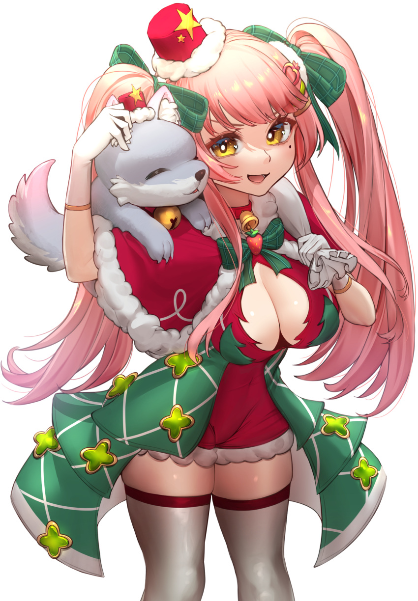 1girl :3 =_= animal_on_shoulder arm_up bangs bell bow bowtie braco breasts capelet choker christmas cleavage cowboy_shot creature_request dress food food-themed_hair_ornament fruit fur-trimmed_capelet fur-trimmed_dress fur_trim gloves green_bow green_bowtie green_dress hair_bow hair_ornament hairclip hat_ornament highres indie_virtual_youtuber long_hair looking_at_another medium_breasts merun_morino mole mole_under_eye multicolored_clothes multicolored_dress neck_bell open_mouth pink_hair plaid plaid_bow plaid_bowtie red_capelet red_choker red_dress red_headwear santa_costume simple_background skindentation smile star_(symbol) star_hat_ornament strawberry strawberry_hair_ornament swept_bangs thighhighs twintails v-shaped_eyebrows very_long_hair virtual_youtuber white_background white_gloves white_thighhighs wolf yellow_eyes