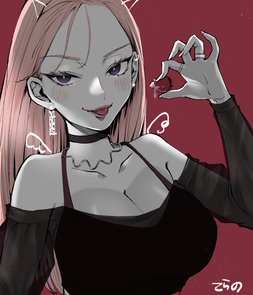 1girl absurdres black_choker black_shirt bra_strap breasts bright_pupils choker collarbone drawn_wings food forehead fruit hair_behind_ear hair_strand highres holding holding_food holding_fruit jewelry large_breasts looking_at_viewer multiple_rings off-shoulder_shirt off_shoulder original purple_eyes red_background ring saliva shirt solo strawberry terano_haruma tongue tongue_out upper_body white_pupils