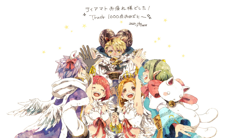 2boys 3girls :d alternate_color arch_bishop_(ragnarok_online) armpits bangs black_gloves black_hairband blonde_hair blue_dress blush bow breasts brown_eyes brown_hair brown_horns bun_cover cape cleavage closed_eyes commentary_request crown curled_horns double_bun dress feathered_wings fur-trimmed_cape fur_trim gauntlets gloves green_hair grin hair_bow hair_bun hairband high_five horns juliet_sleeves large_horns long_hair long_sleeves looking_at_viewer medium_breasts multiple_boys multiple_girls official_alternate_costume open_mouth pink_hair pointy_ears puffy_sleeves purple_cape purple_hair ragnarok_online red_bow red_scarf royal_guard_(ragnarok_online) sash scarf short_hair small_breasts smile teeth tokio_(okt0w0) translation_request two-tone_dress upper_body upper_teeth_only wanderer_(ragnarok_online) warlock_(ragnarok_online) white_background white_dress white_wings wings yellow_eyes yellow_sash