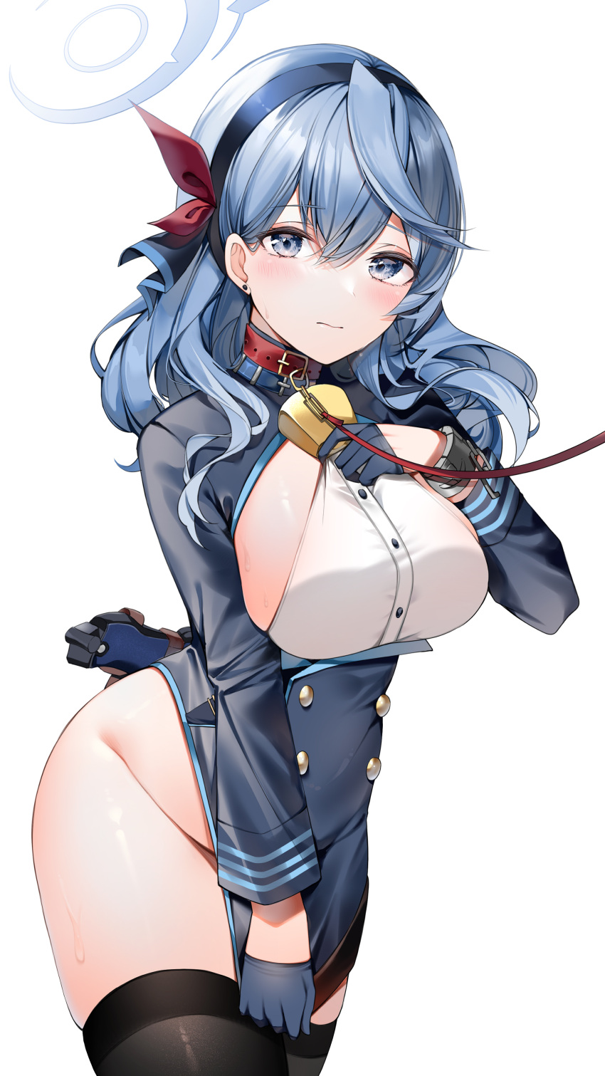 1girl absurdres ako_(blue_archive) bangs black_thighhighs blue_archive blue_eyes blue_hair blue_hairband blue_jacket blush breasts broken broken_chain chain closed_mouth collar cuffs earrings gun hair_between_eyes hairband halo handgun highres jacket jacket_tug jewelry large_breasts leash long_hair long_sleeves luger_p08 no_panties red_collar shirt sideboob simple_background solo thighhighs weapon white_background white_shirt yukineko1018