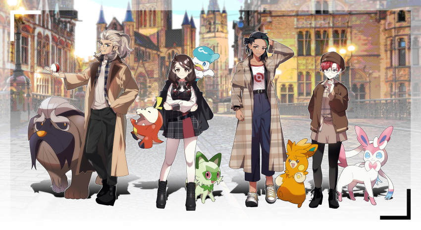 1boy 3girls absurdres alternate_costume artoriadaisuki arven_(pokemon) boots casual dark-skinned_female dark_skin fuecoco glasses highres jacket juliana_(pokemon) looking_at_viewer mabosstiff multiple_girls nemona_(pokemon) pawmot penny_(pokemon) pokemon pokemon_(creature) pokemon_(game) pokemon_sv quaxly shoes smile sneakers sprigatito starter_pokemon_trio sylveon