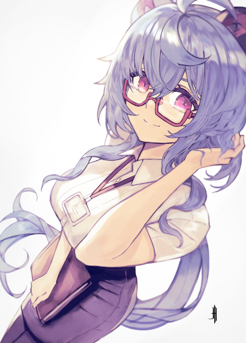 1girl ahoge bespectacled black_pantyhose black_skirt blue_hair breasts closed_mouth collared_shirt contemporary cowboy_shot folder ganyu_(genshin_impact) genshin_impact glasses goat_horns hair_between_eyes hand_in_own_hair highres holding holding_folder horns id_card j._artur lanyard large_breasts long_hair looking_at_viewer office_lady pantyhose pencil_skirt purple-framed_eyewear purple_eyes rectangular_eyewear semi-rimless_eyewear shirt short_sleeves sidelocks signature skirt smile solo under-rim_eyewear wavy_hair white_background white_shirt