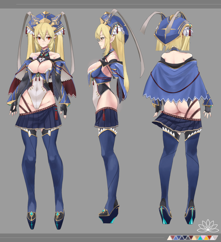 1girl avatar_(pso2) ayamo_kaoru bangs black_gloves blonde_hair blue_capelet blue_footwear blue_headwear blue_skirt blue_thighhighs breasts capelet cleavage cleavage_cutout clothing_cutout collarbone commentary_request commission covered_navel elbow_gloves fingerless_gloves flower from_behind from_side full_body gloves gold_trim grey_background hair_between_eyes high_heels highleg highleg_leotard highres large_breasts leotard long_hair long_sleeves looking_at_viewer multiple_views numako_(pizza_kanon) original parted_lips phantasy_star phantasy_star_online_2 pleated_skirt pointy_ears red_eyes reference_sheet sidelocks skeb_commission skirt tassel thighhighs two_side_up white_leotard wide_sleeves