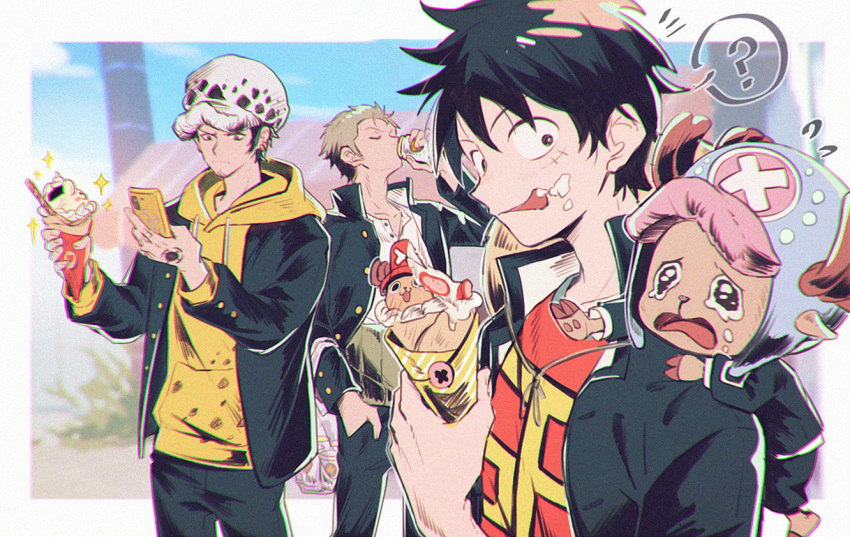 :p ? antlers_through_headwear closed_eyes cream cream_on_face crepe crying crying_with_eyes_open drinking food food_on_face fur_hat gakuran green_hair hand_in_pocket hat holding holding_food hood hoodie long_sleeves male_focus monkey_d._luffy multiple_boys one_piece outdoors roronoa_zoro school_uniform short_hair taking_picture tears tongue tongue_out tony_tony_chopper trafalgar_law yellow_eyes yellow_hoodie yurichi_(artist)
