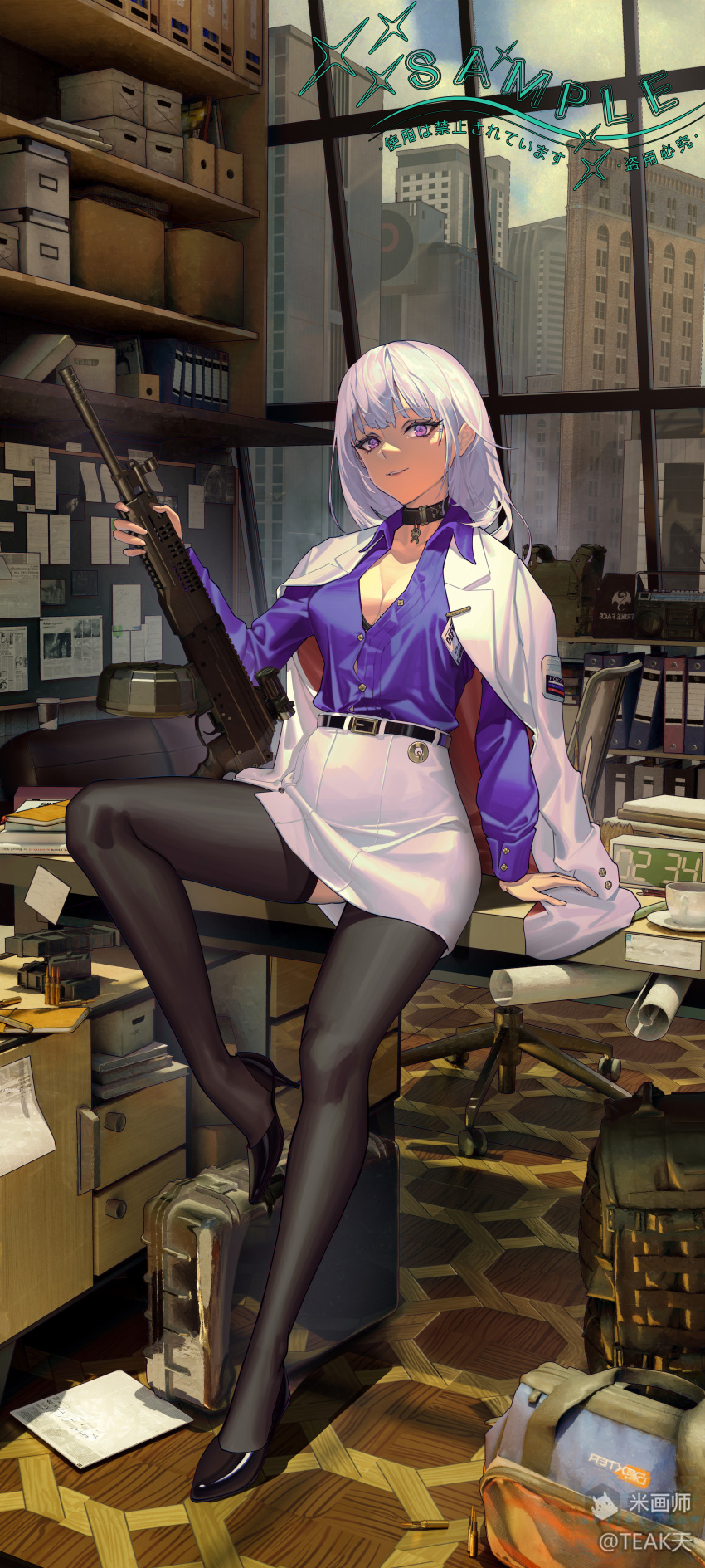 1girl absurdres alternate_costume bag bangs belt black_belt black_bra black_choker black_collar black_footwear black_thighhighs book box bra breasts building bullet business_suit case chair choker cleavage clock collar collarbone cup defy_(girls'_frontline) desk digital_clock floor formal full_body girls'_frontline grin gun hand_on_table high_heels highres holding holding_gun holding_weapon id_card jacket jacket_on_shoulders knee_up legs long_sleeves looking_at_viewer machine_gun magazine_(weapon) medium_breasts medium_hair notebook office office_chair office_lady open_mouth paper parted_lips pen pencil pencil_skirt purple_eyes purple_shirt rpk-16 rpk-16_(girls'_frontline) russian_flag russian_text shell_casing shirt sitting sitting_on_table skirt smile solo suit table taek_ten thighhighs thighs twitter_username underwear weapon weibo_username white_hair white_jacket white_skirt window
