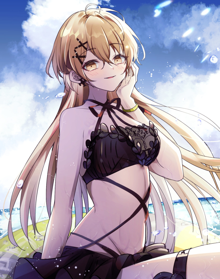 1girl ahoge bangs bare_shoulders bikini black_bikini black_one-piece_swimsuit blue_sky blush bracelet breasts brown_eyes chest_strap collarbone cross cross_earrings earrings frilled_bikini frilled_swimsuit frills girls'_frontline hair_between_eyes hair_ornament hairpin hand_on_own_face hand_up highres innertube jewelry kogarashi_kon lifebuoy light_brown_hair long_hair looking_at_viewer medium_breasts official_alternate_costume one-piece_swimsuit open_mouth outdoors parted_lips ppk_(foliage_romance)_(girls'_frontline) ppk_(girls'_frontline) sitting sky smile solo swimsuit thigh_strap very_long_hair water water_drop x_hair_ornament
