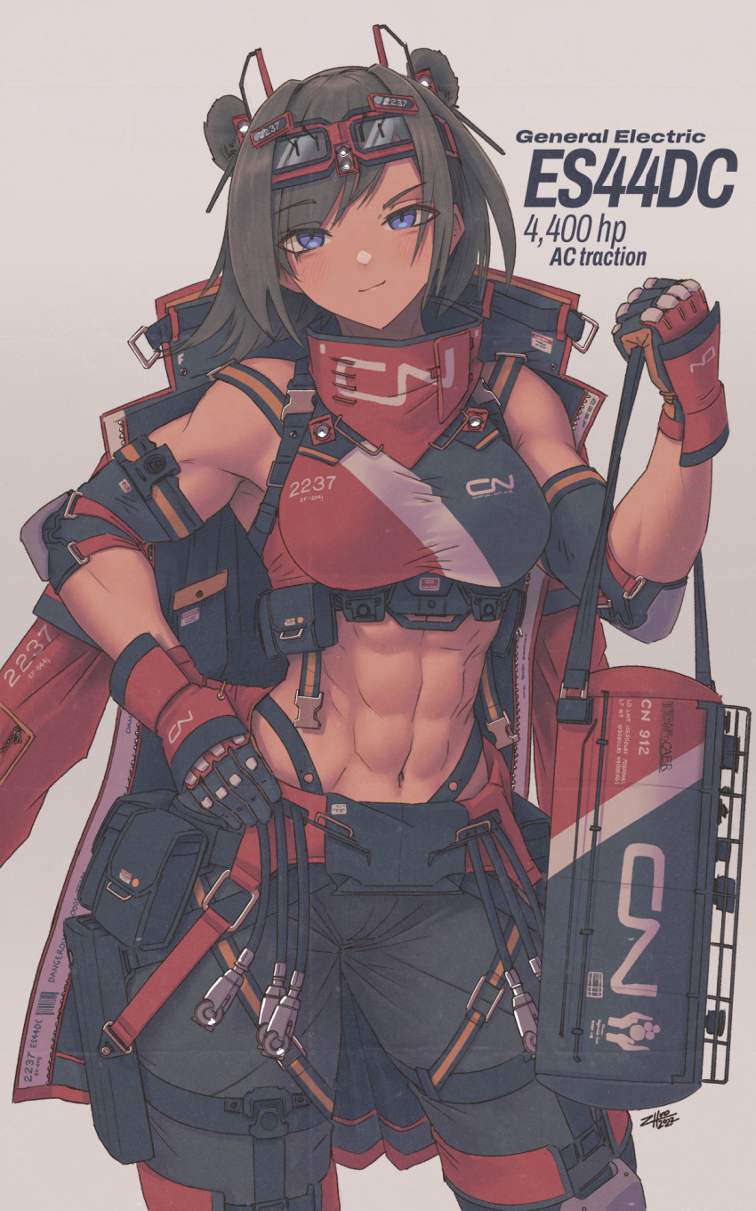1girl abs artist_name blue_eyes brown_hair cable crop_top elbow_pads english_text eyes_visible_through_hair gloves goggles goggles_on_head grey_background ground_vehicle hair_ornament highres humanization jacket jacket_on_shoulders midriff muscular muscular_female original solo train zhvo