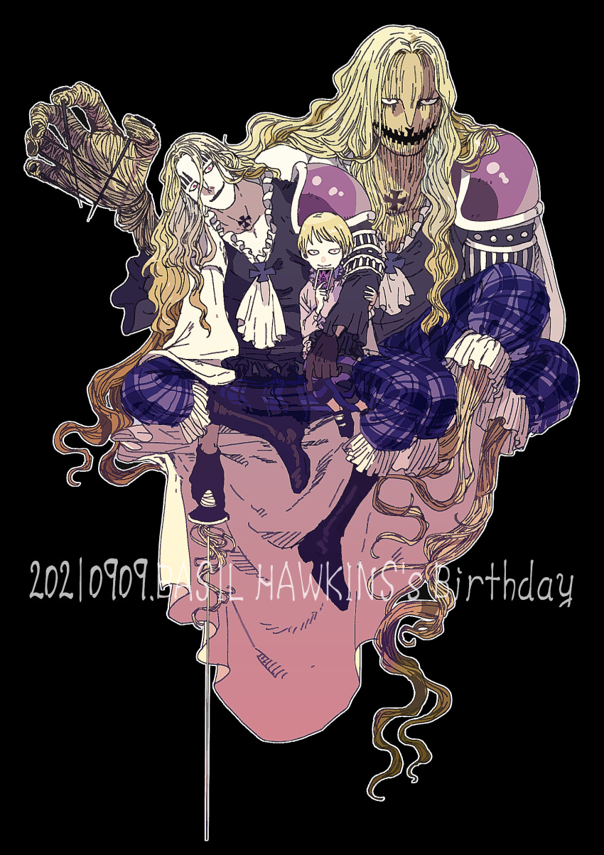 absurdres aged_down ascot basil_hawkins black_background black_footwear black_shirt blonde_hair boots cape card curly_hair frilled_shirt_collar frills happy_birthday highres holding holding_card holding_sword holding_weapon long_hair male_focus multiple_persona one_piece red_eyes shirt shiso_i4 short_hair shoulder_pads smile straw_doll sword voodoo_doll weapon white_cape