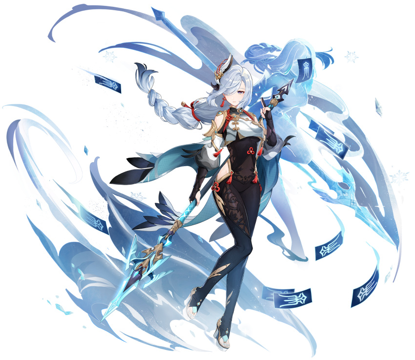 1girl genshin_impact grey_eyes grey_hair hair_over_one_eye highres holding holding_polearm holding_weapon looking_at_viewer official_art polearm shenhe_(genshin_impact) spear tachi-e transparent_background weapon