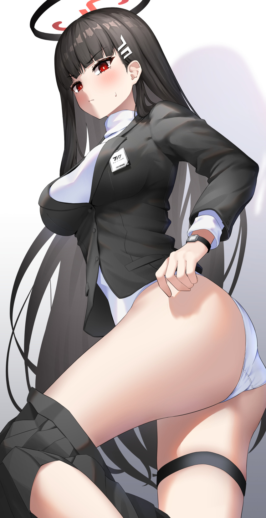 1girl absurdres ass bangs black_hair blue_archive blunt_bangs blush breasts cleavage closed_mouth clothes_pull gestalt_75 gradient gradient_background hair_ornament hairclip halo highres jacket large_breasts long_hair panties pleated_skirt red_eyes rio_(blue_archive) skirt solo thigh_strap thighs underwear very_long_hair white_panties